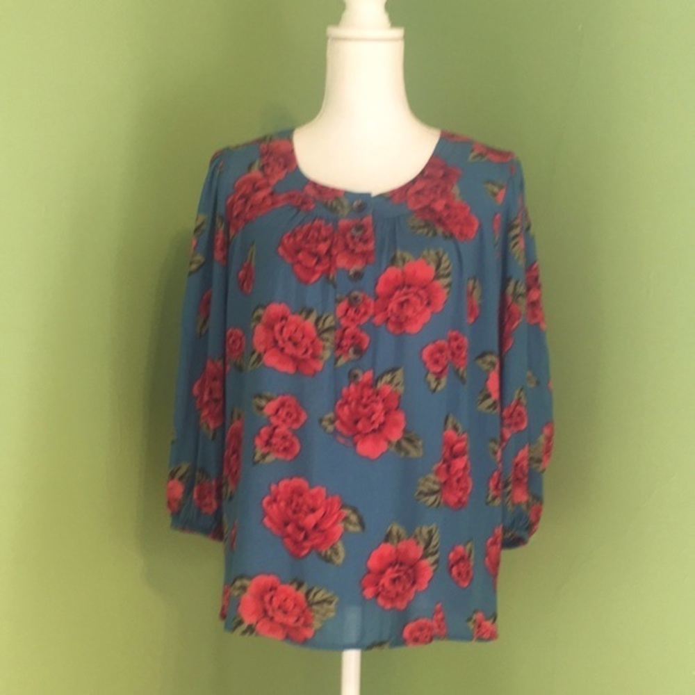 Preswick and Moore teal floral‎ blouse